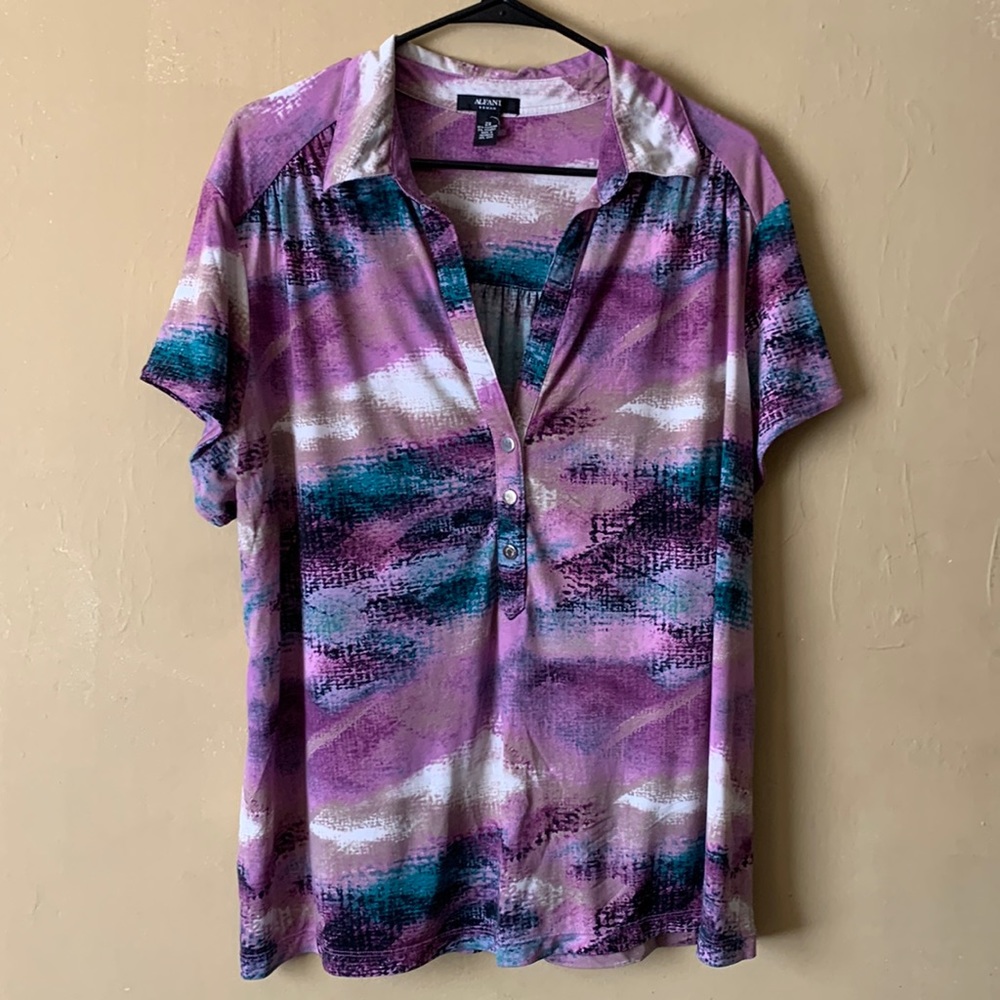 Alfani Multicolor Collared Tee - Womens Plus Size 2X